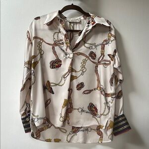 Zara | Chain Print Butterfly Blouse with Gold and Red Accents Small